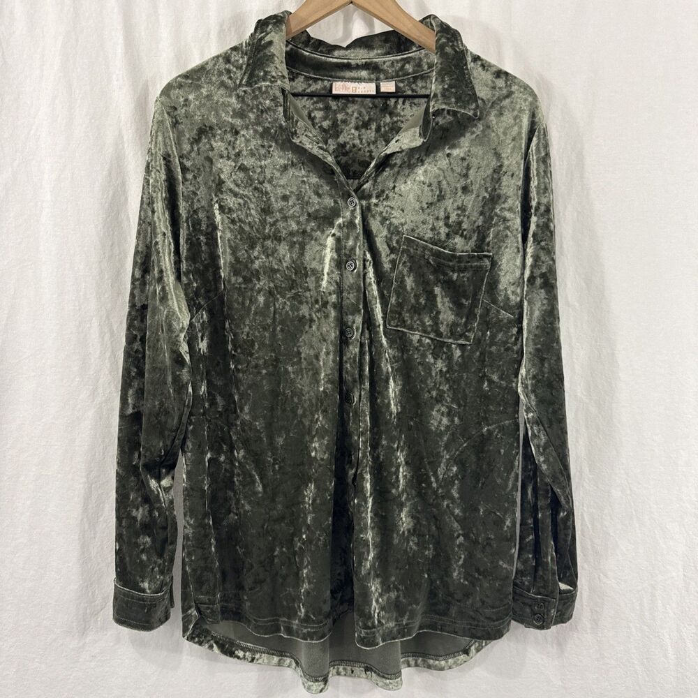 Belle Kim Gravel Sage Green Crushed Velvet Button Up Shirt Womens Sz L Boho